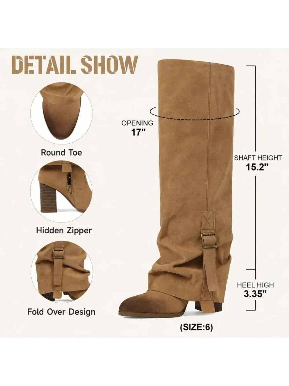 Women's Brown Suede Round Toe Chunky Heel Faux Leather Slouch Knee High Boots